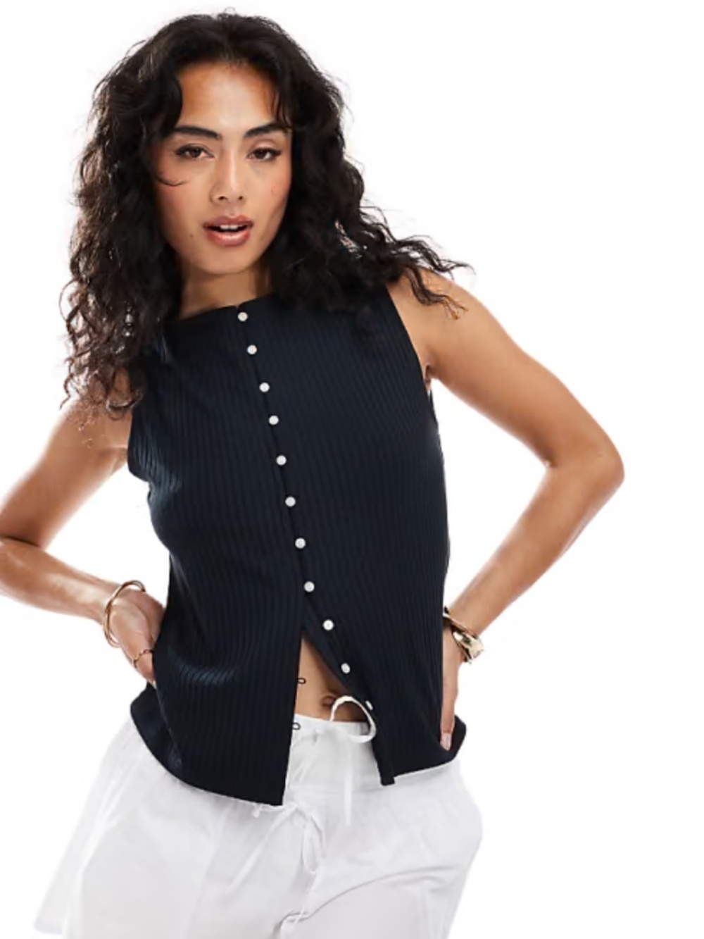 Abercrombie Ribbed Slashed Button Through Sleeveless Top - M